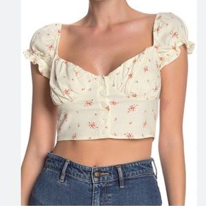 Cotton On linen blend isla prairie milkmaid crop top floral ivory ecru medium